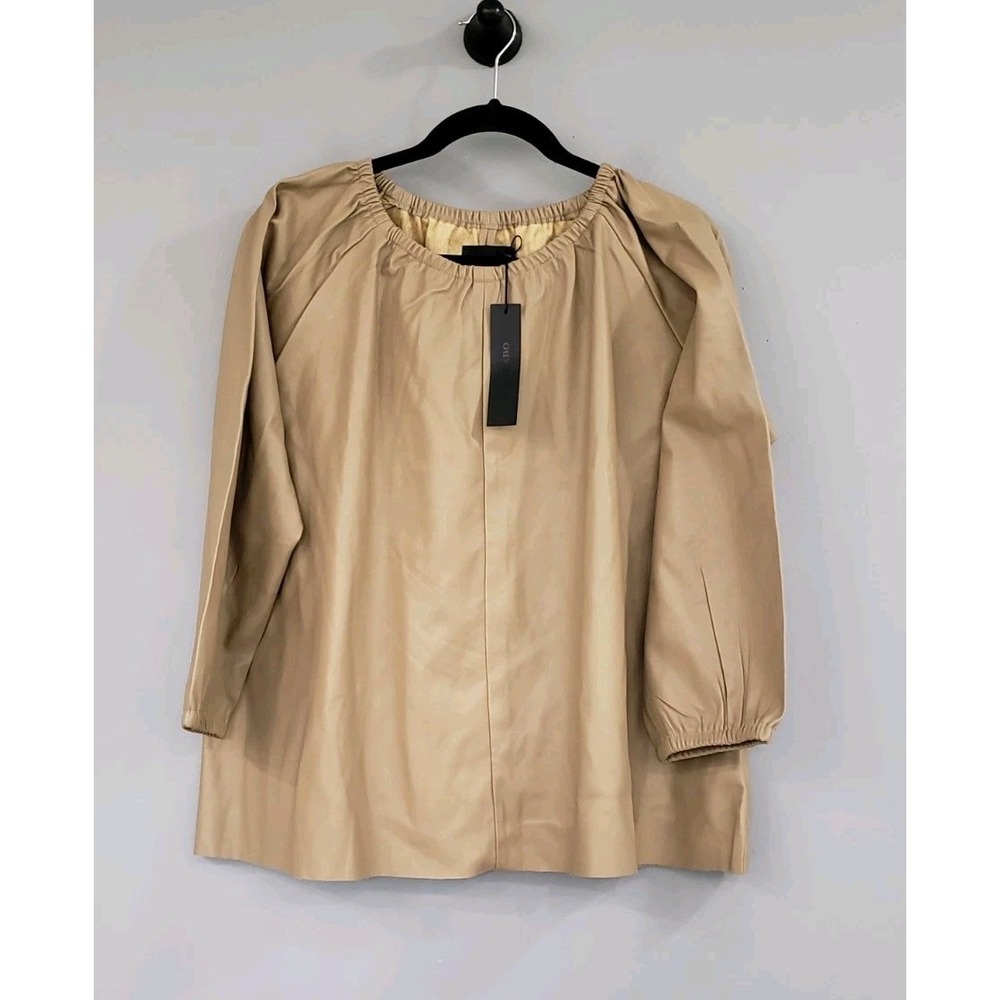 NEW XL Dolce Cabo Blakely Faux Leather Puff Sleeve Top Taupe Shirt Blouse